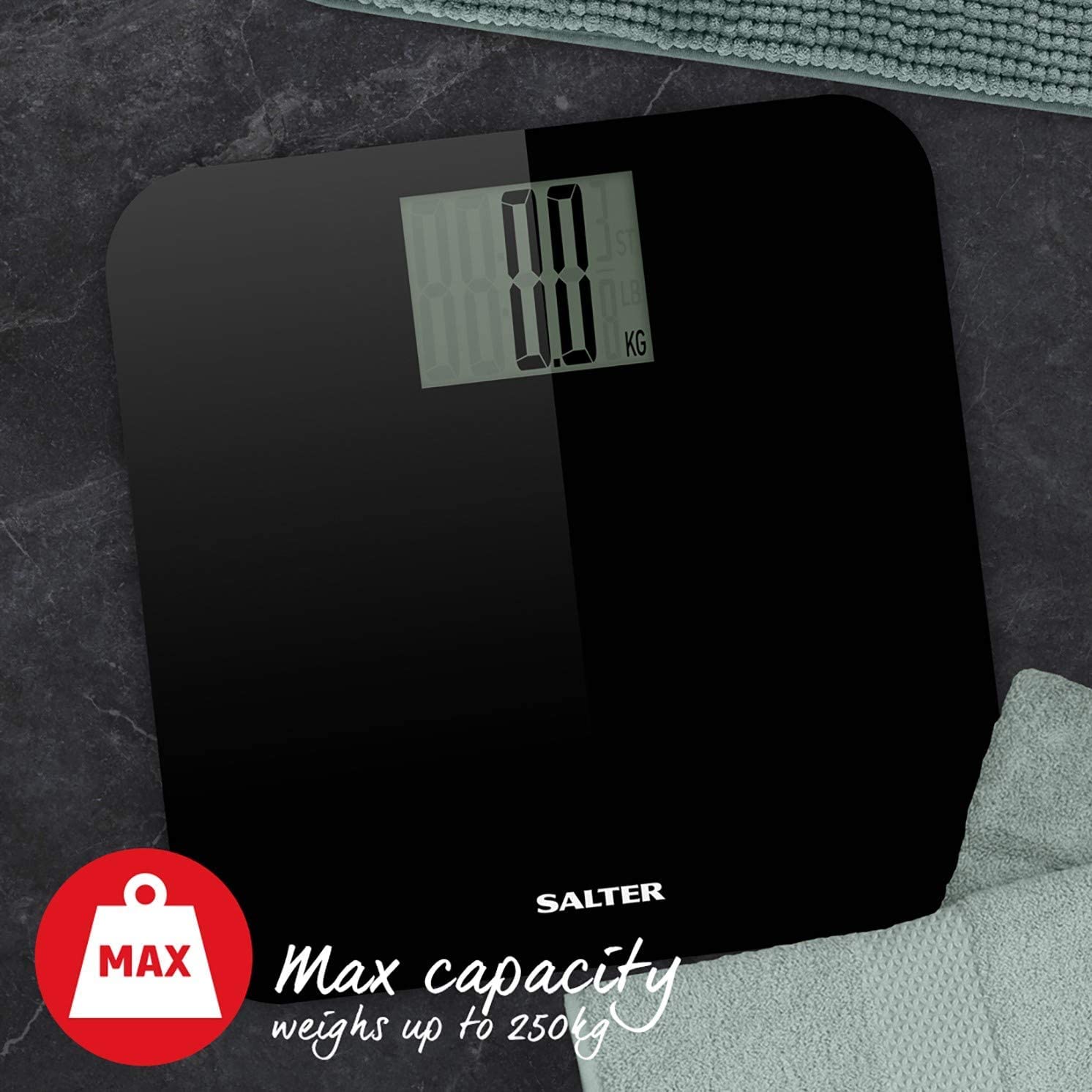 Salter Max Digital Bathroom Scale – Weighing Scales For Body Weight, Supersize LCD Display, 250kg / 39st 6 lb - Model Number - 9049 BK3R