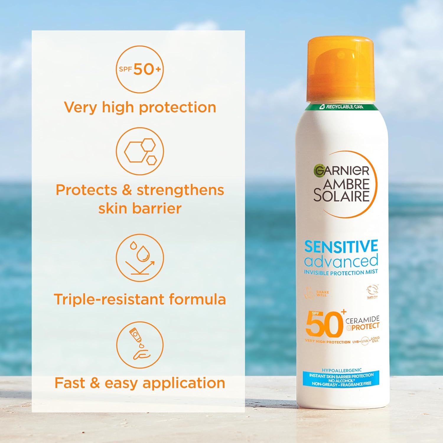 Garnier Ambre Solaire SPF 50+ Sensitive Advanced Dry Mist Sun Cream Spray 150ml