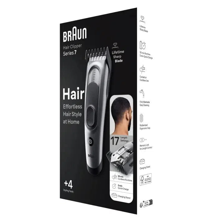 Braun Hair Clipper Series 7 HC7390 with 17 Length Settings, 2 combs, Charging Stand & Pouch