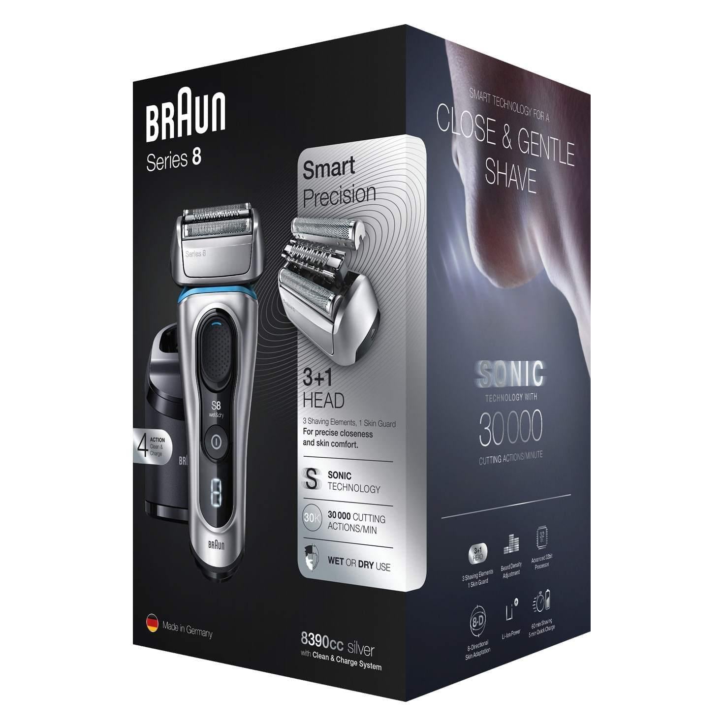 Braun Men's Series 8 8390cc Wet & Dry Electric Shaver - 100% Waterproof, Silver - Healthxpress.ie