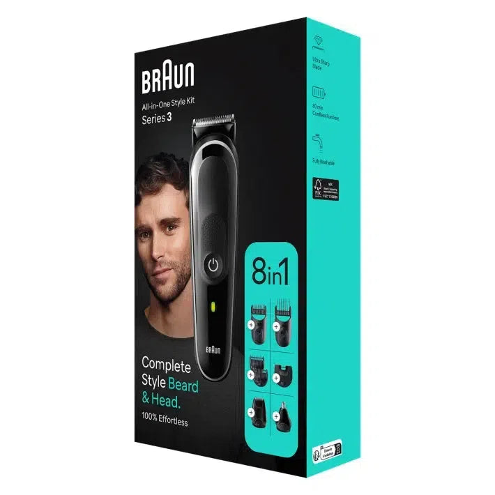 Braun 8-in-1 Style Kit Series 3 MGK3440 Beard & Hair Styling . With 80min Runtime + Pouch, Grey