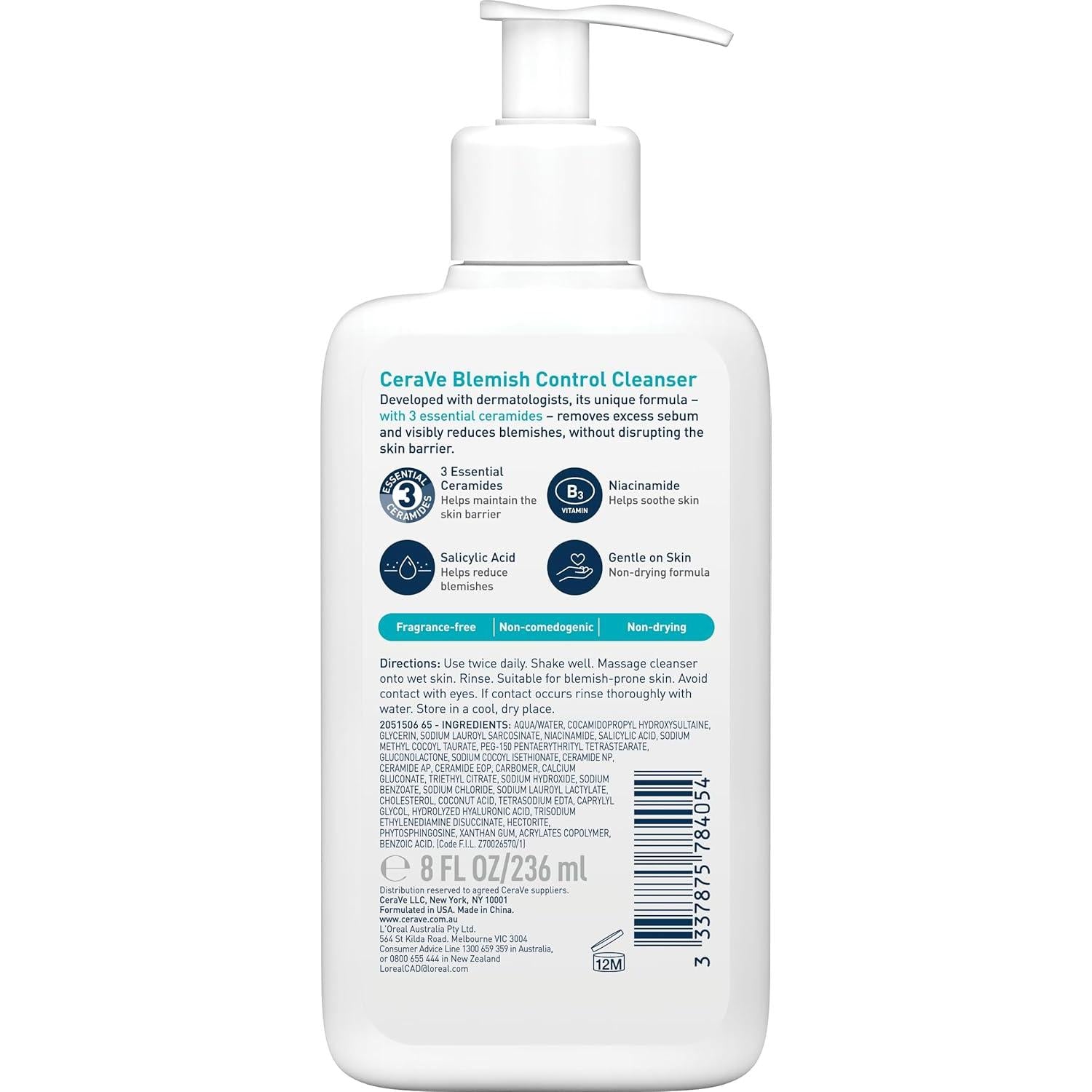 CeraVe Blemish Control Face Cleanser With 2% Salicylic Acid, Niacinamide, 3 Essential Ceramides, Hectorite Clay, Fragrance Free, 236ml