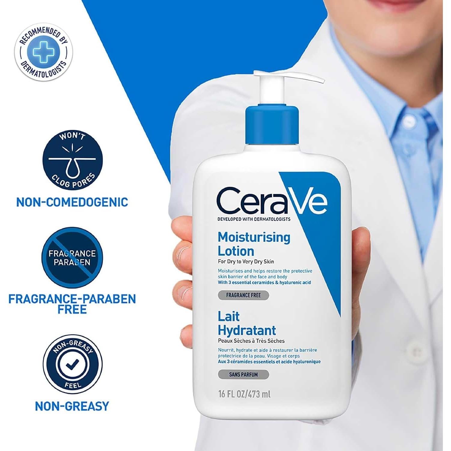 CeraVe Moisturising Lotion, for normal to very dry skin, Enriched with 3 Essential Ceramides, Hyaluronic Acid and MVe technology, CeraVe face moisturiser, Daily Hydrating Moisturiser, 473ml