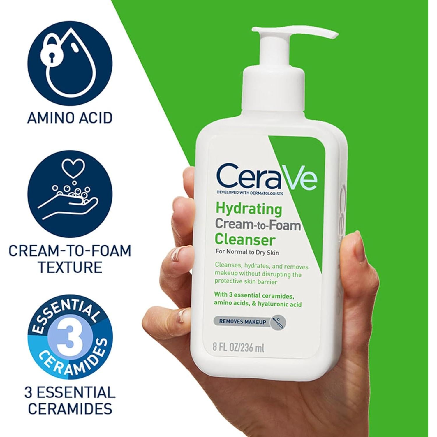 CeraVe Cream-to-Foam Cleanser With Amino Acids, 3 Essential Ceramides, Hyaluronic Acid, For Normal to Dry Skin, Fragrance Free 236ml