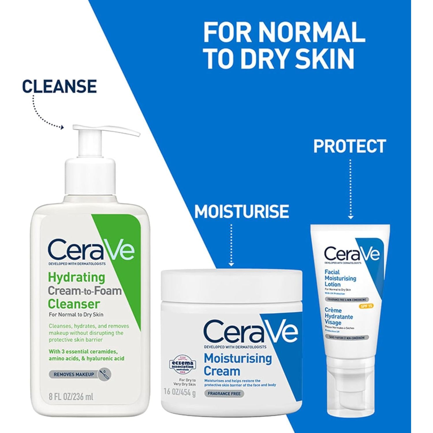 CeraVe Cream-to-Foam Cleanser With Amino Acids, 3 Essential Ceramides, Hyaluronic Acid, For Normal to Dry Skin, Fragrance Free 236ml