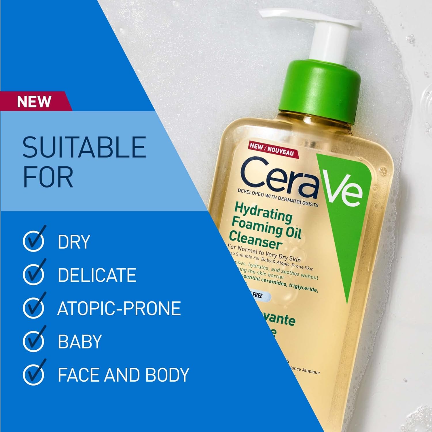CeraVe Hydrating Foaming Oil Cleanser for Normal to Very Dry Skin with Squalane, Triglyceride and 3 Essential Ceramides, For Face and Body