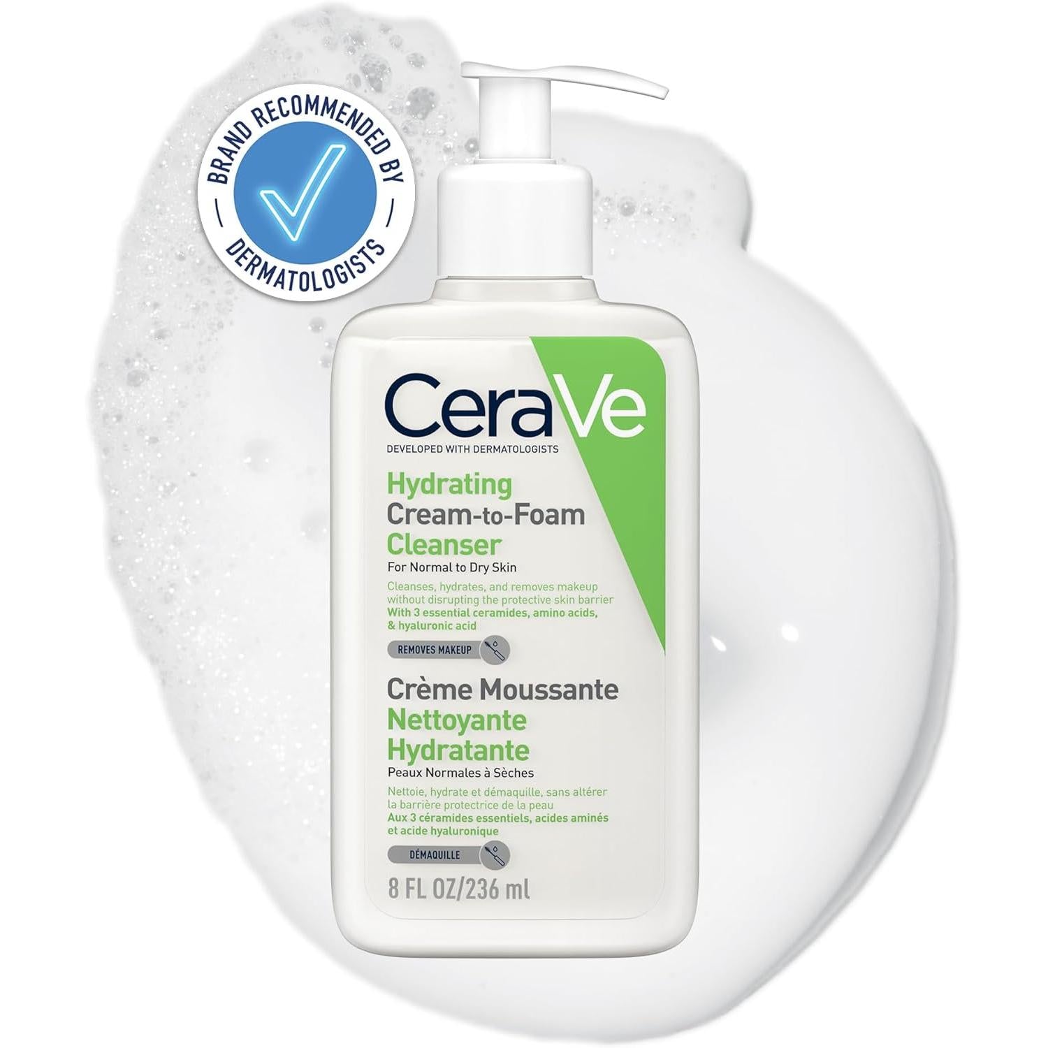 CeraVe Cream-to-Foam Cleanser With Amino Acids, 3 Essential Ceramides, Hyaluronic Acid, For Normal to Dry Skin, Fragrance Free 236ml