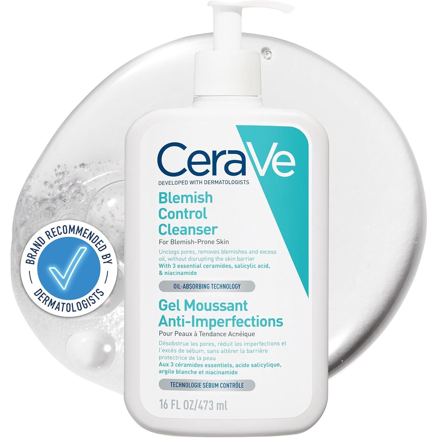 CeraVe Blemish Control Face Cleanser With 2% Salicylic Acid, Niacinamide, 3 Essential Ceramides, Hectorite Clay, Fragrance Free, 473ml