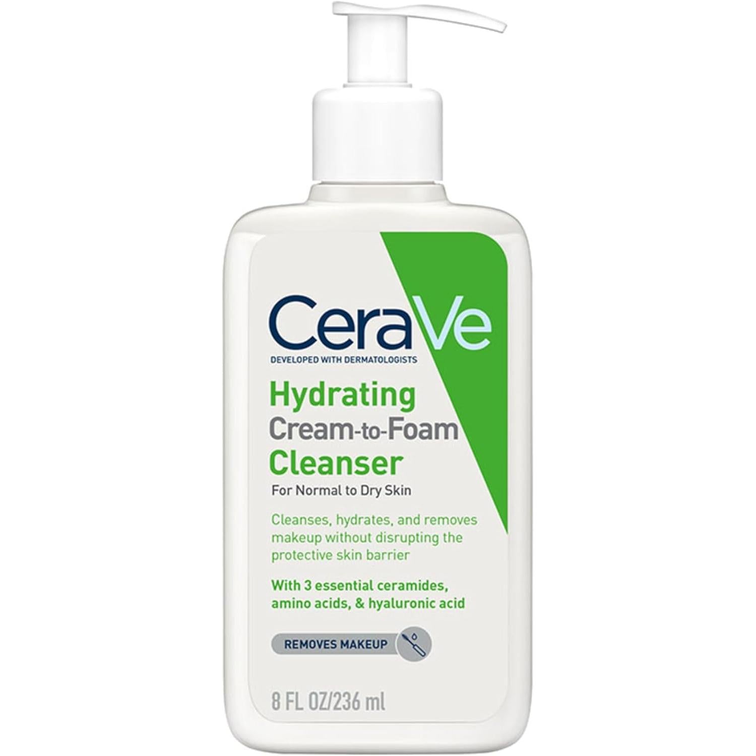 CeraVe Cream-to-Foam Cleanser With Amino Acids, 3 Essential Ceramides, Hyaluronic Acid, For Normal to Dry Skin, Fragrance Free 236ml