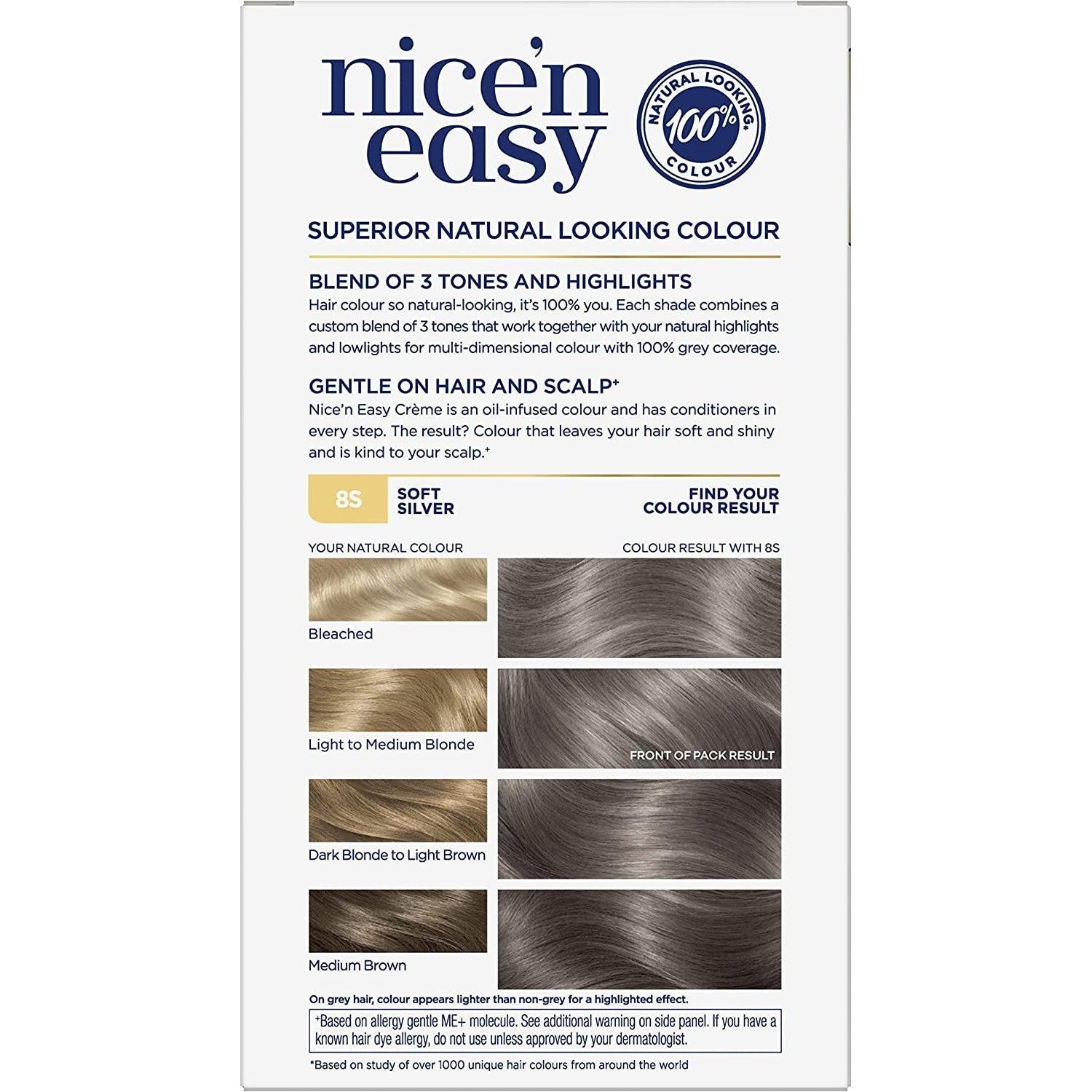 Clairol Nice'n Easy Crème, Natural Looking Oil Infused Permanent Hair Dye, 8S Soft Silver