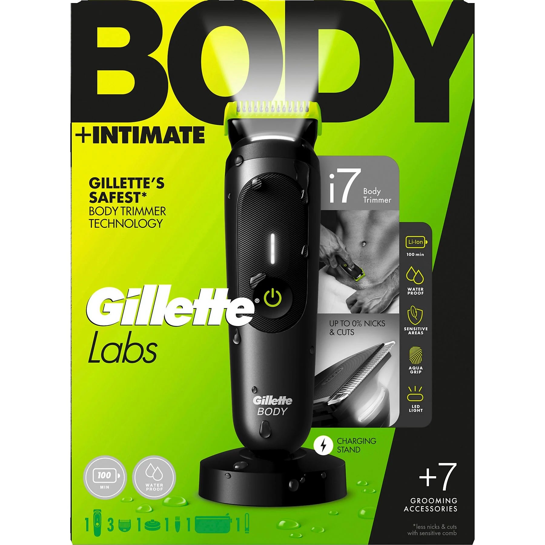 GILLETTE Labs i7 Body + Intimate Trimmer with Lifetime Sharp Blades, Pubic Hair & Ball Trimmer for Men, Wet/Dry Use