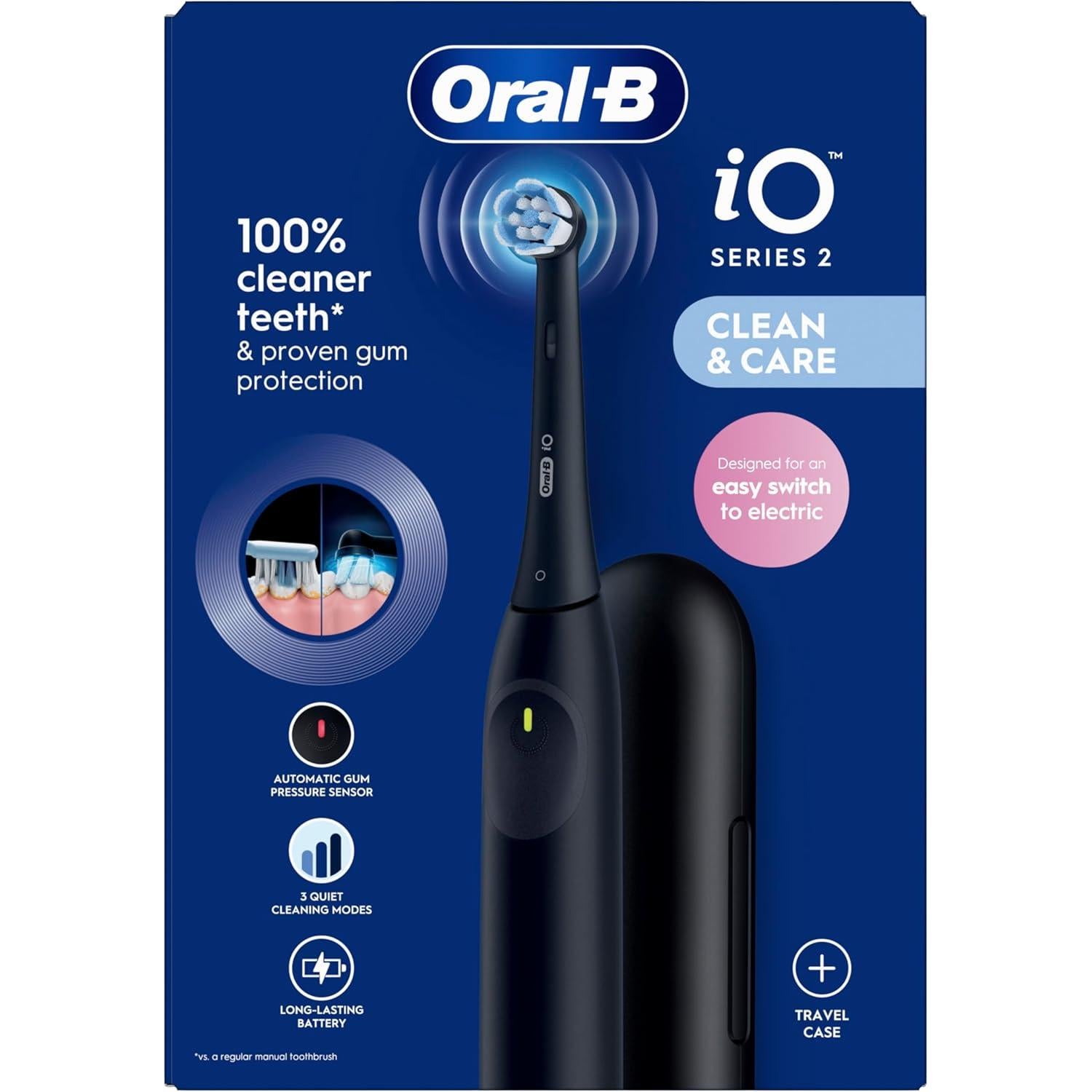 Oral-B iO2 Night Black Electric Toothbrush, 1 Ultimate Clean Toothbrush Head, 1 Travel Case, Designed by Braun