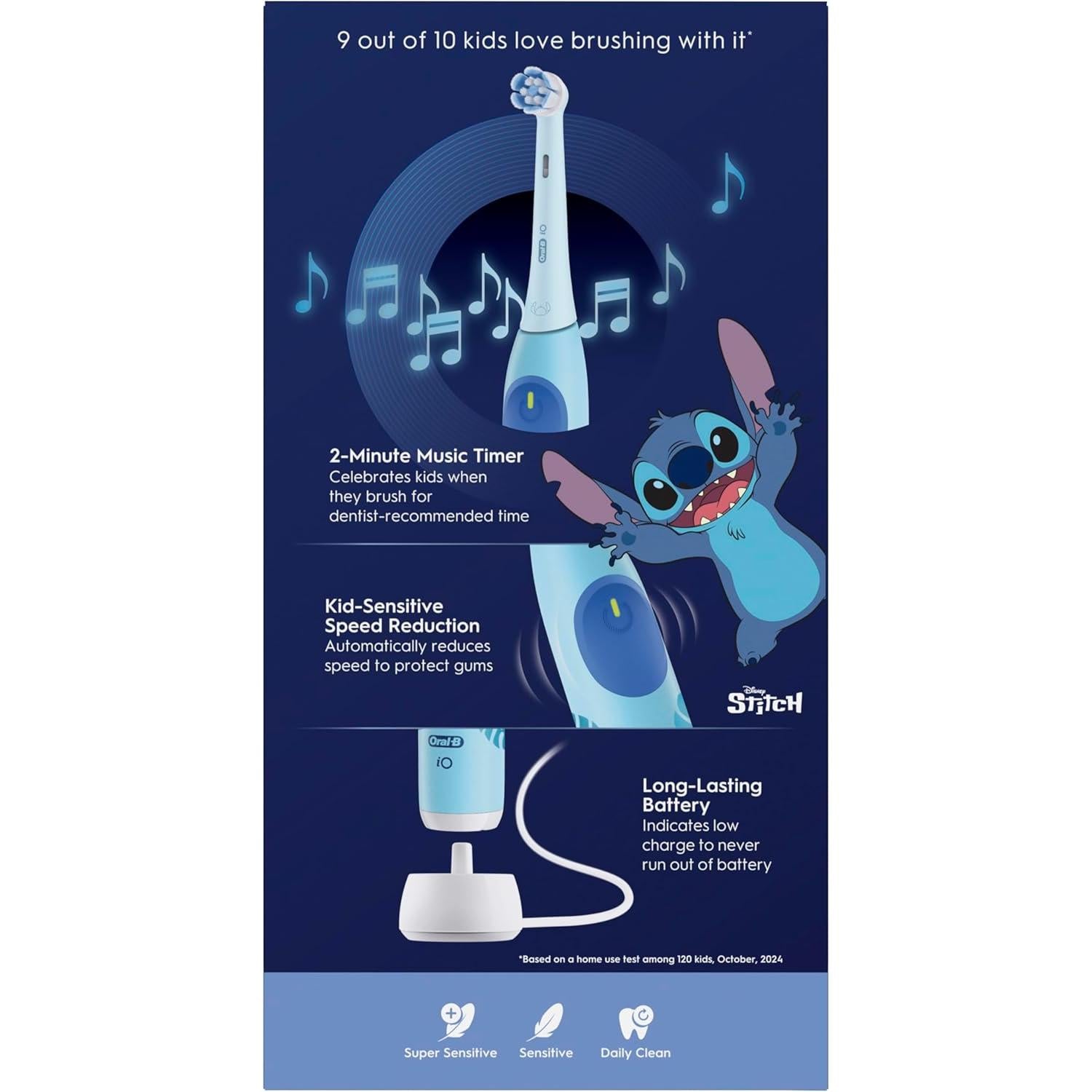 Oral-B iO Kids Disney Stitch Electric Toothbrush, with Travel Case, 3 Modes with Kid-Friendly Sensitive Mode, 2-Min Music Timer, for Ages 6+ (Copy)