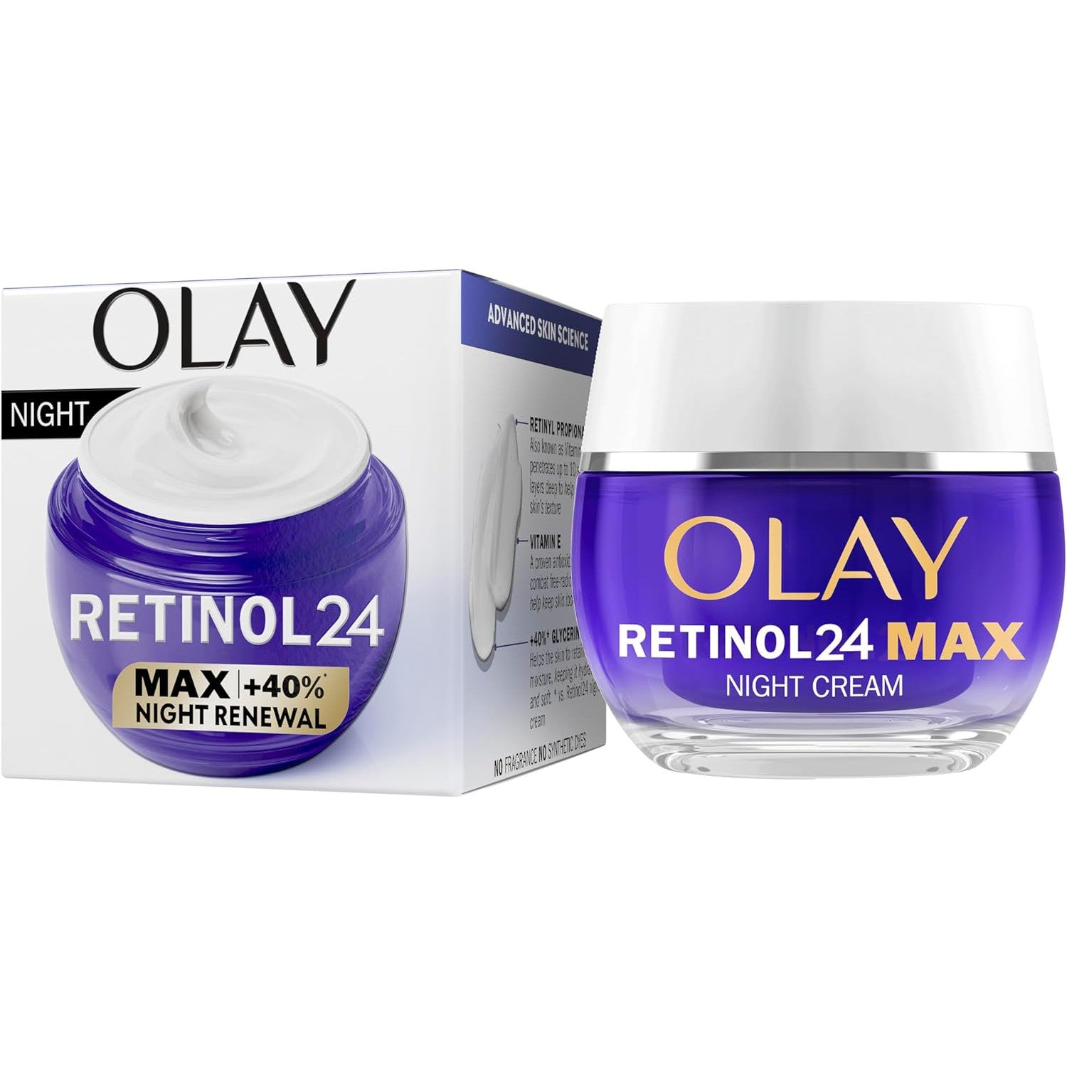 Olay Retinol 24 MAX Night Cream with Antioxidant Vitamin E, 40% Glycerin Overnight Anti Aging Skin Care 50ml