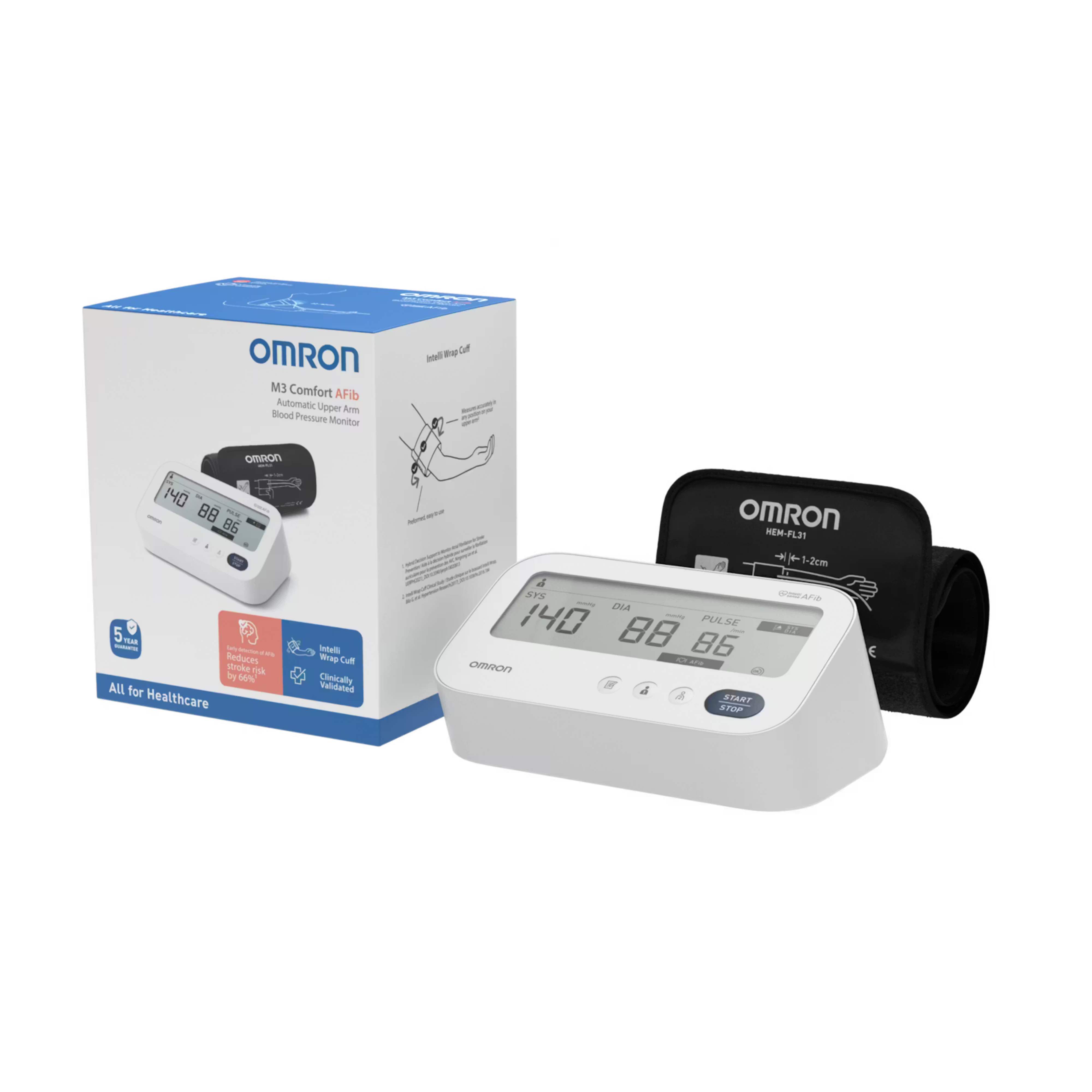 Omron M3 Comfort Automatic Digital Upper Arm Blood Pressure Monitor with Afib - Intelli Wrap Cuff (22–42cm)