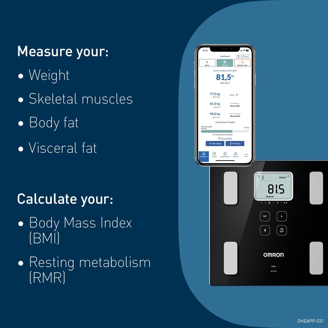 OMRON VIVA Bluetooth Smart Scale and Body Composition Monitor with Body Fat, Weight, Visceral Fat, Skeletal Muscle, Resting Metabolism, BMI - Segmental Body Composition Scale, Weighing Scale with APP