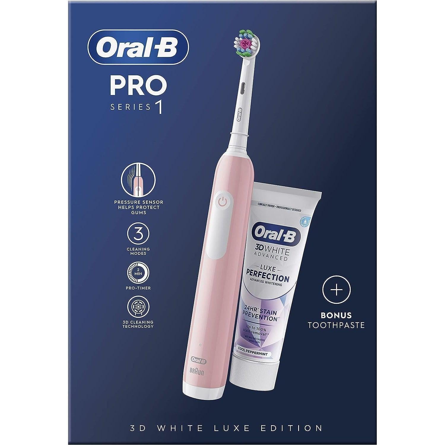 Oral-B Pro 1 Electric Toothbrush With 3D Cleaning, 1 Toothbrush Head & 3D White Luxe Perfection Toothpaste, 75 ml - Pink