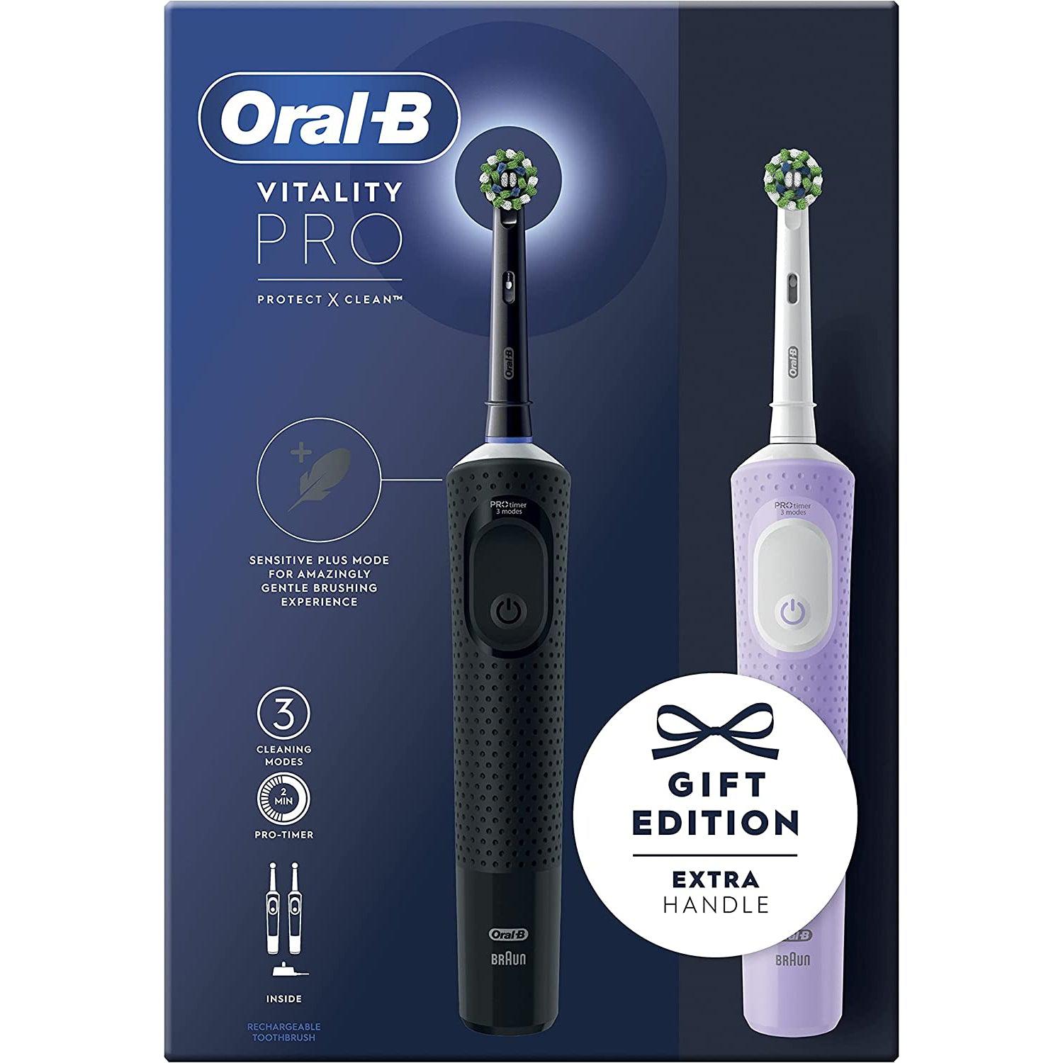 Oral-B Vitality Pro 2 x Electric Toothbrushes, 2 Toothbrush Heads, 3 Brushing Modes Including Sensitive Plus - Black & Purple