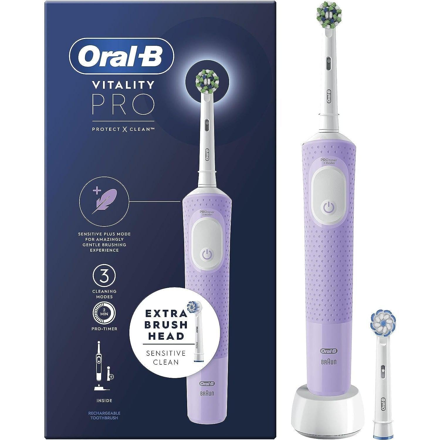 Oral-B Vitality Pro Electric Toothbrush, 1 Handle, 2 Toothbrush Heads, Purple - Healthxpress.ie