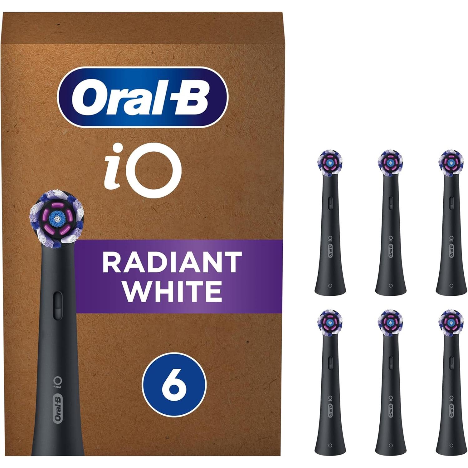 Oral-B iO 6pk Radiant White Replacement Toothbrush Heads Black, Angled Bristles Deeper Plaque Removal, with Polishing Petals for Teeth Whitening