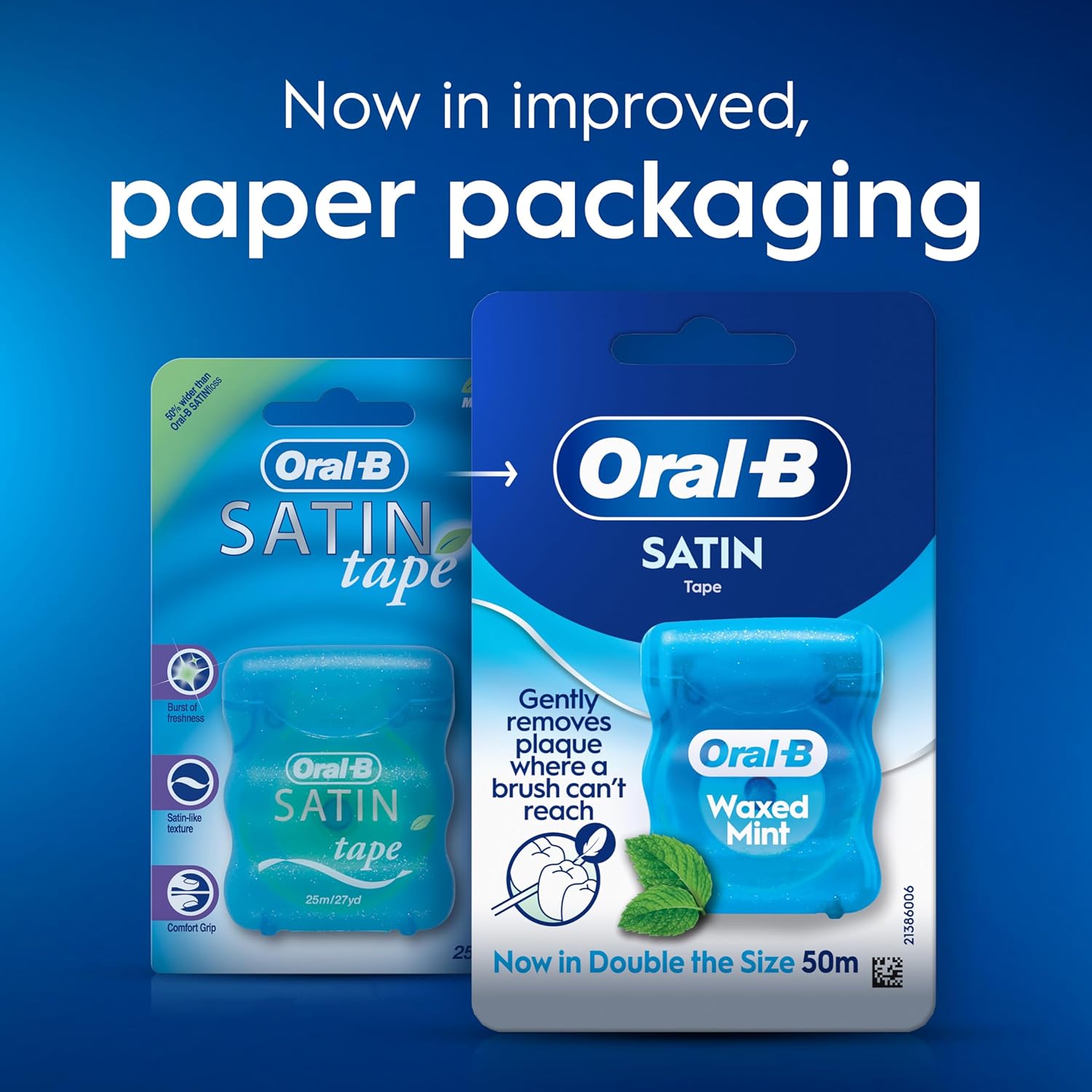 Oral-B Satin Tape Dental Floss - Comfort Grip, Easy Use - Cool Mint, 50M - New Bigger Size