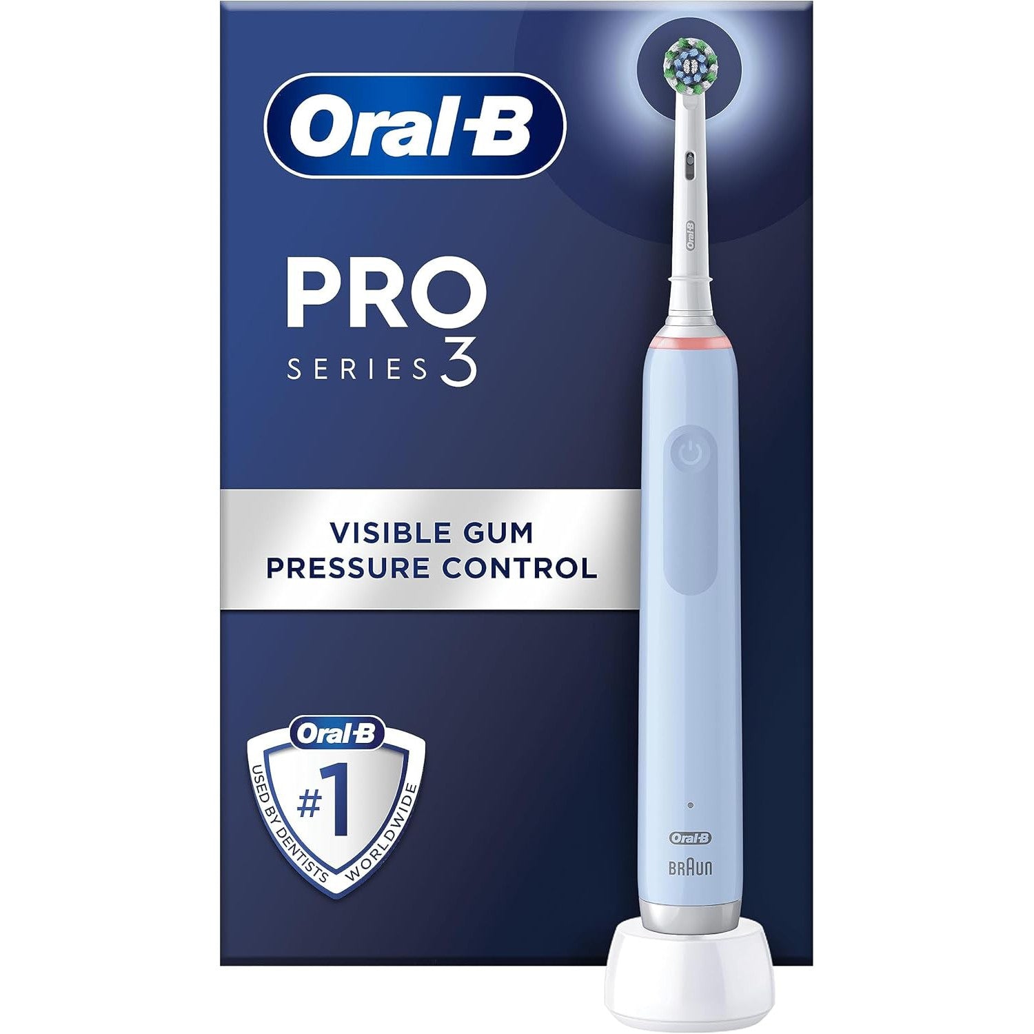 Oral-B Pro 3 - 3000 - Blue Electric Toothbrush, 1 Handle with Visible Pressure Sensor, 1 x Cross Action Toothbrush Head, 1 x Sensitive Toothbrush Head