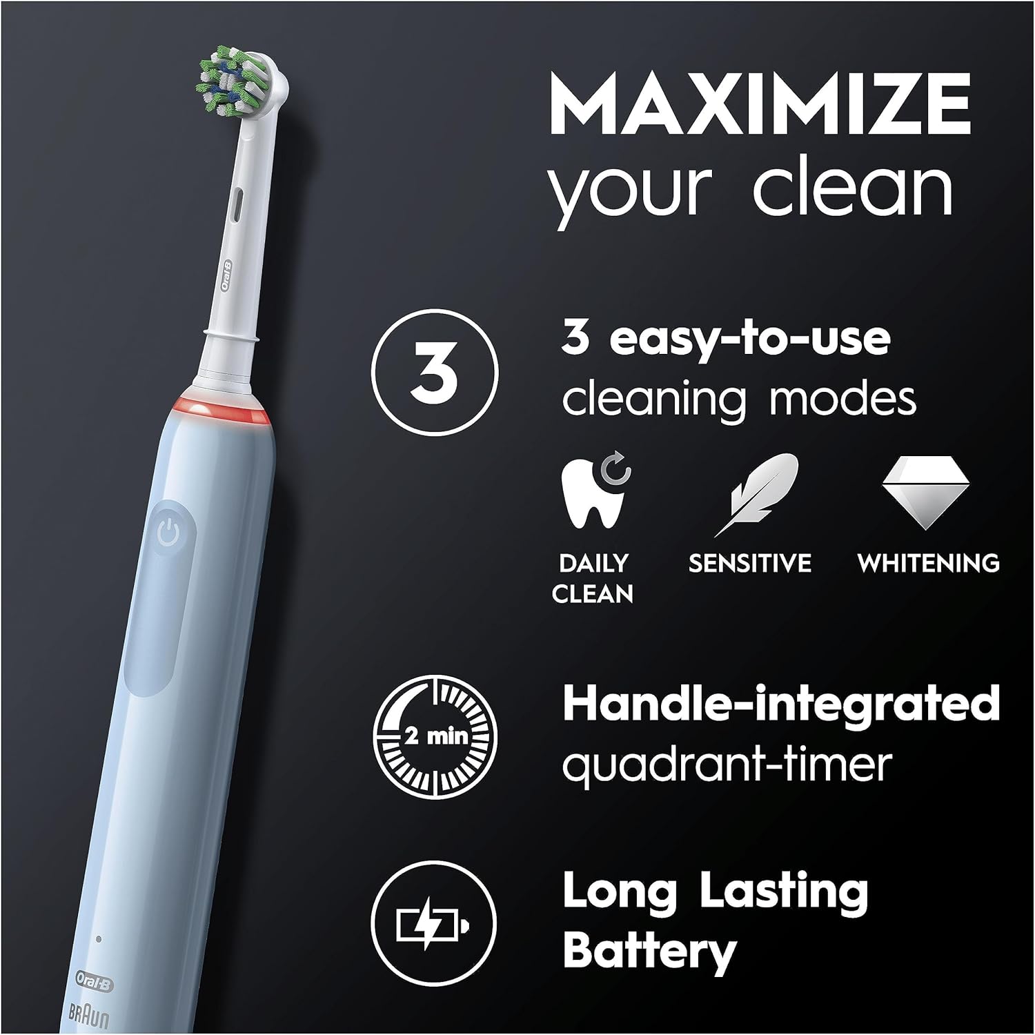 Oral-B Pro 3 - 3000 - Blue Electric Toothbrush, 1 Handle with Visible Pressure Sensor, 1 x Cross Action Toothbrush Head, 1 x Sensitive Toothbrush Head