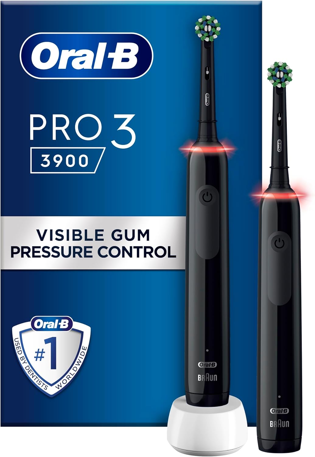 Oral-B Pro 3 - 3900 - Set of 2 Electric Toothbrushes Black, 2 Handles with Visible Pressure Sensor, 2 Toothbrush Heads