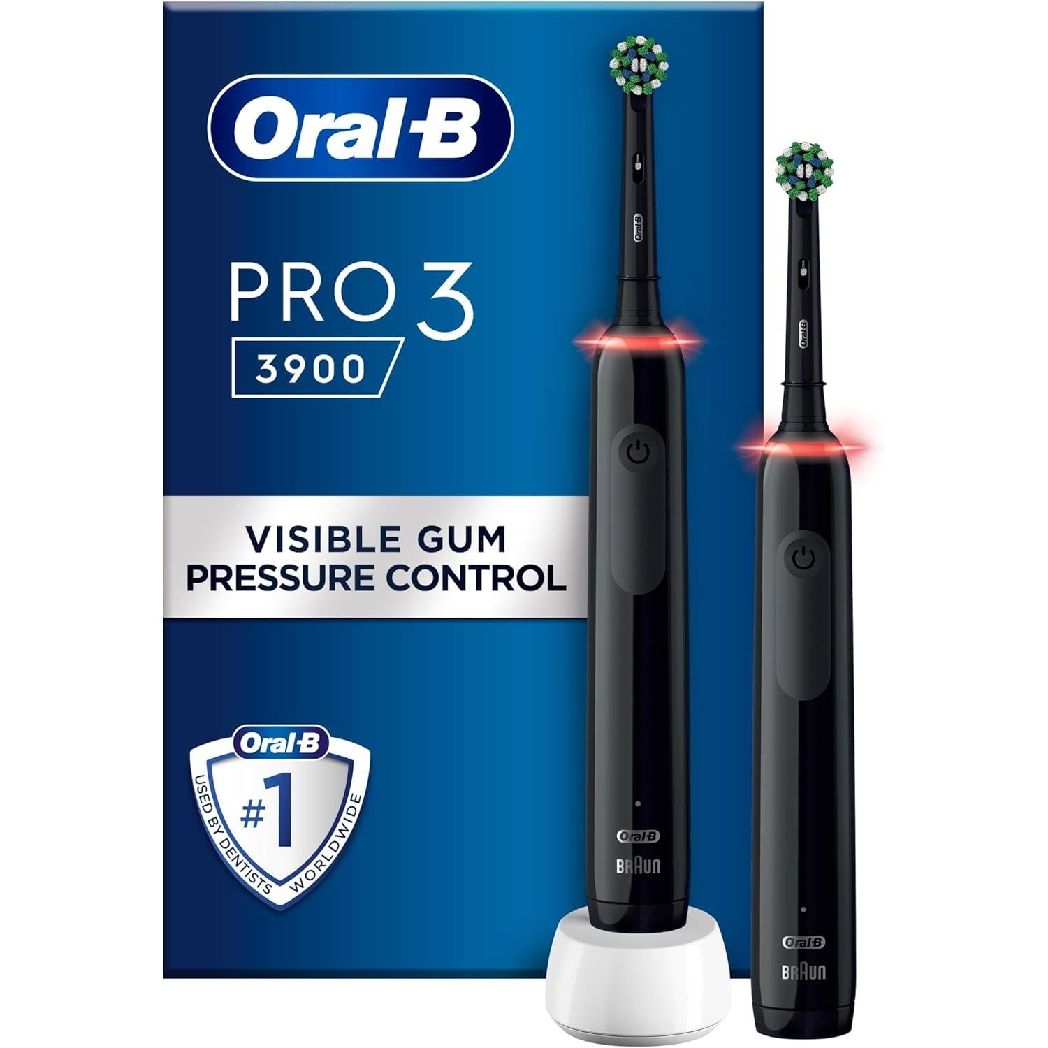 Oral-B Pro 3 - 3900 - Set of 2 Electric Toothbrushes Black, 2 Handles with Visible Pressure Sensor, 2 Toothbrush Heads