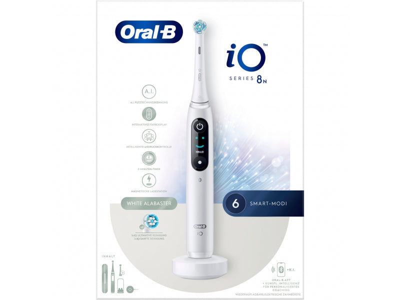Oral-B iO8 Electric Toothbrush  with 2 Replacement Toothbrush Heads, 6 Cleaning Modes  Travel Case  , White Alabaster