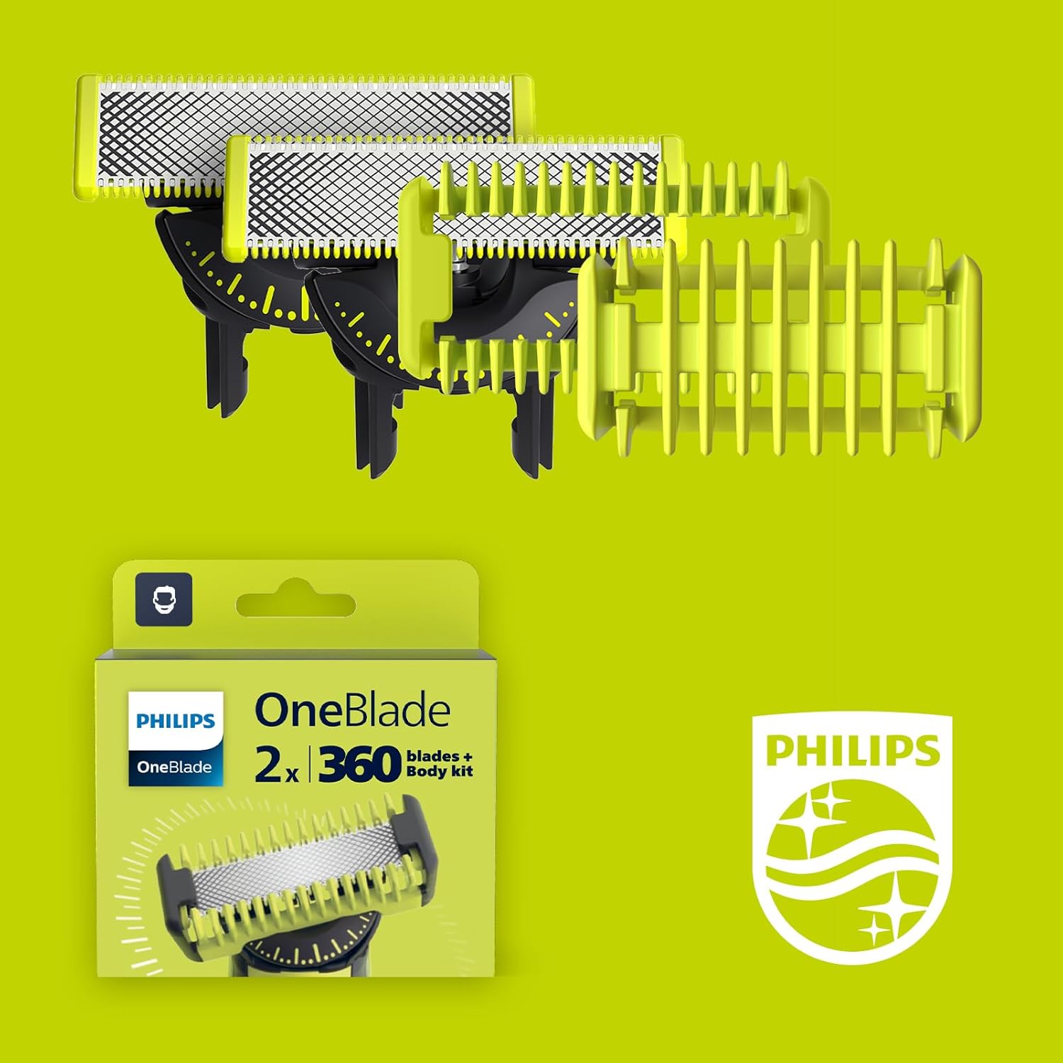 Philips OneBlade Original 360 Blade Heads + Body Kit Combs, Compatible with all OneBlade and Pro Electric Shaver & Trimmers 2x One Blade, 2x Combs -QP624/50