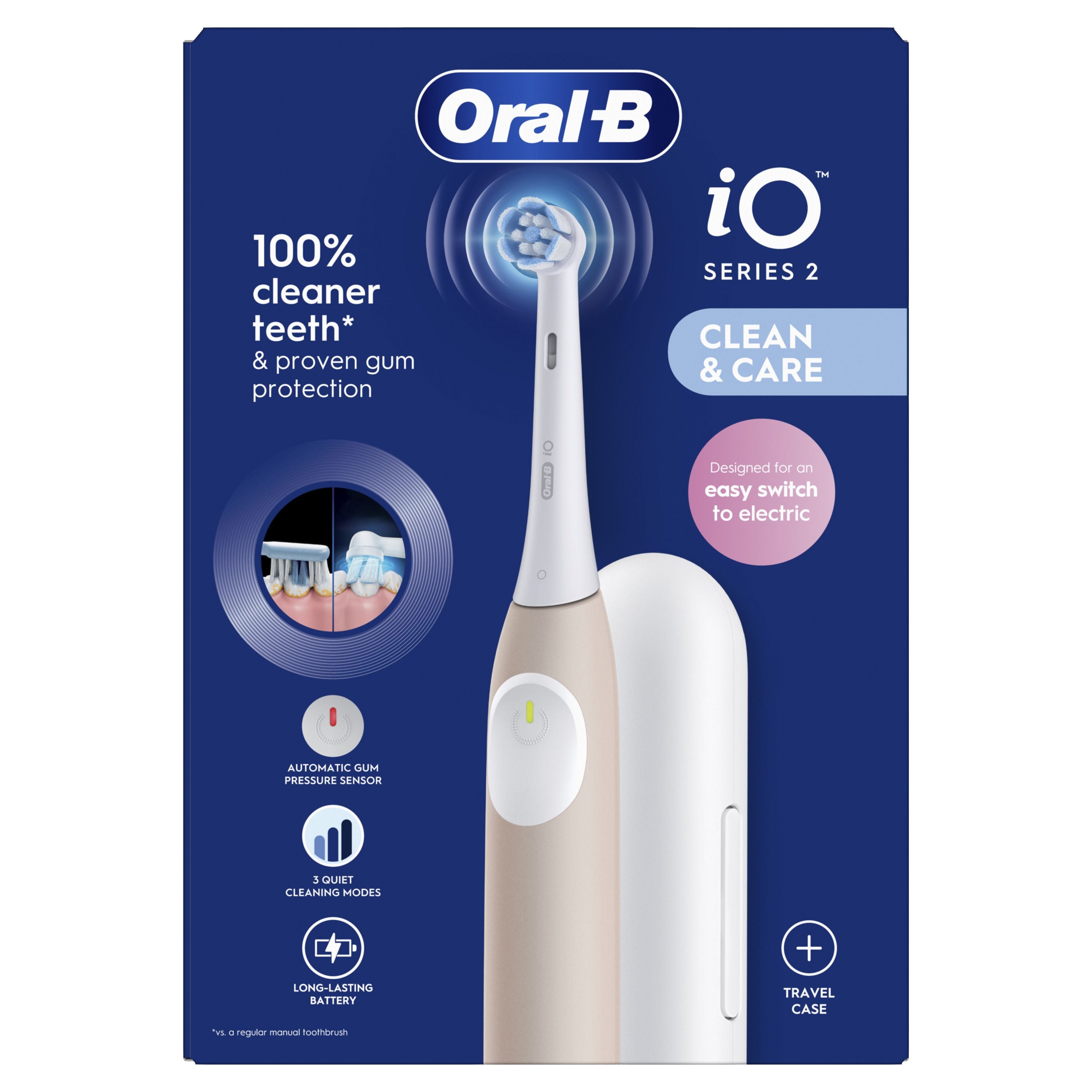 Oral-B iO2 Pink Electric Toothbrush, 1 Toothbrush Head, 1 Travel Case, 1 Travel Refill Holder, Designed by Braun