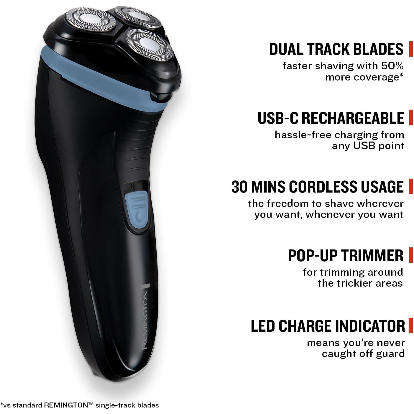 Remington Mens Electric Rotary Shaver R1 (Dry Shave, 30mins runtime, Pop-Up Trimmer, Cordless Usage, USB , Worldwide Voltage,  R1000