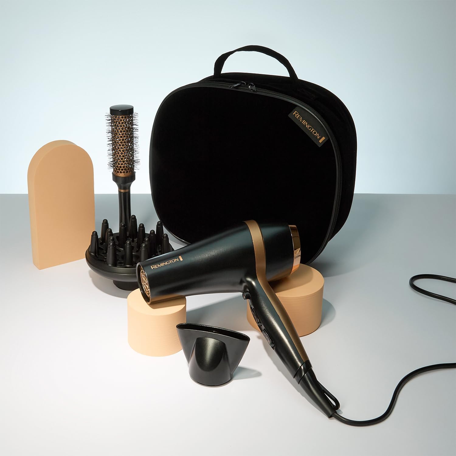 Remington Hair Dryer (Gift Set with Concentrator & Diffuser, Ceramic Ionic Grille, 3 Heat & 2 Speed Settings and Cool Shot, Premium Storage Bag, Round Brush, 2000W) Salon Smooth D6960GP