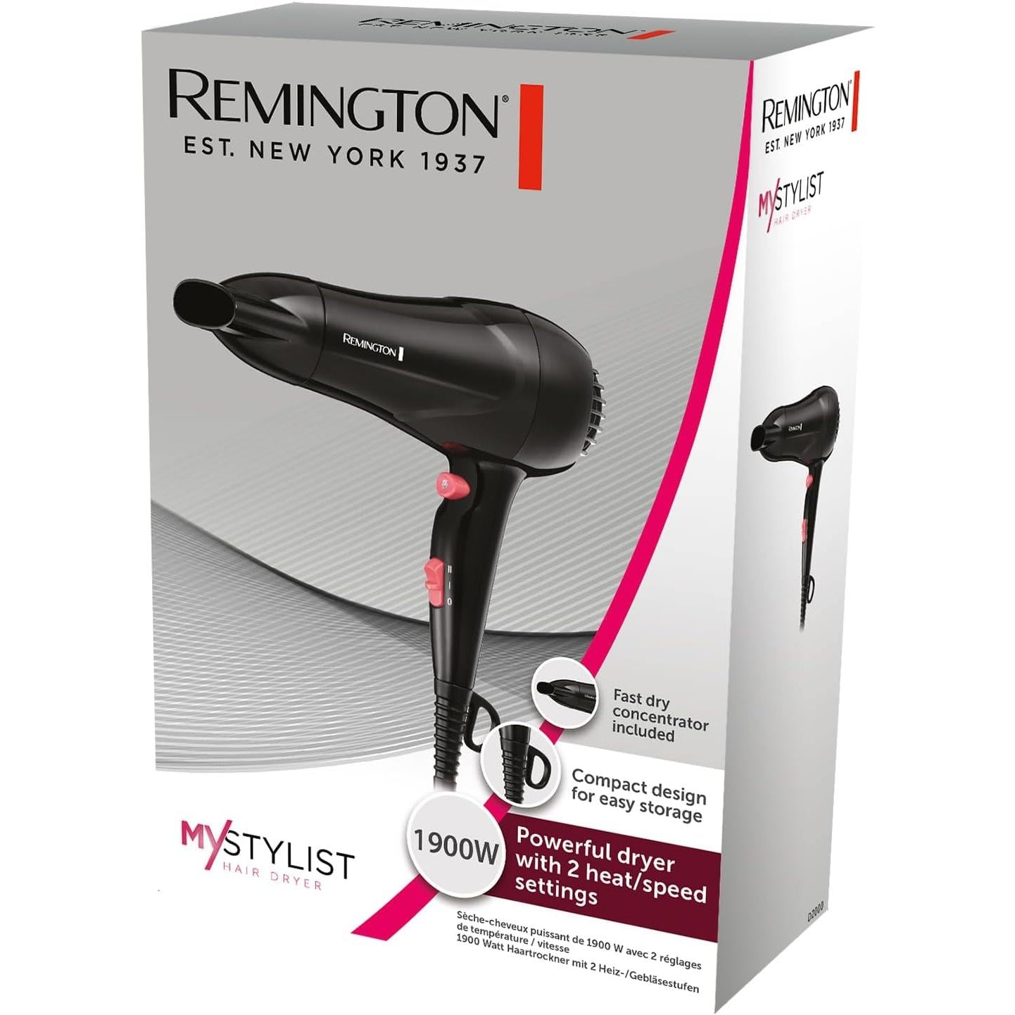 Remington Fast Dry Hair Dryer 1900W Ionic & Ceramic Technology, Black/Pink D2000