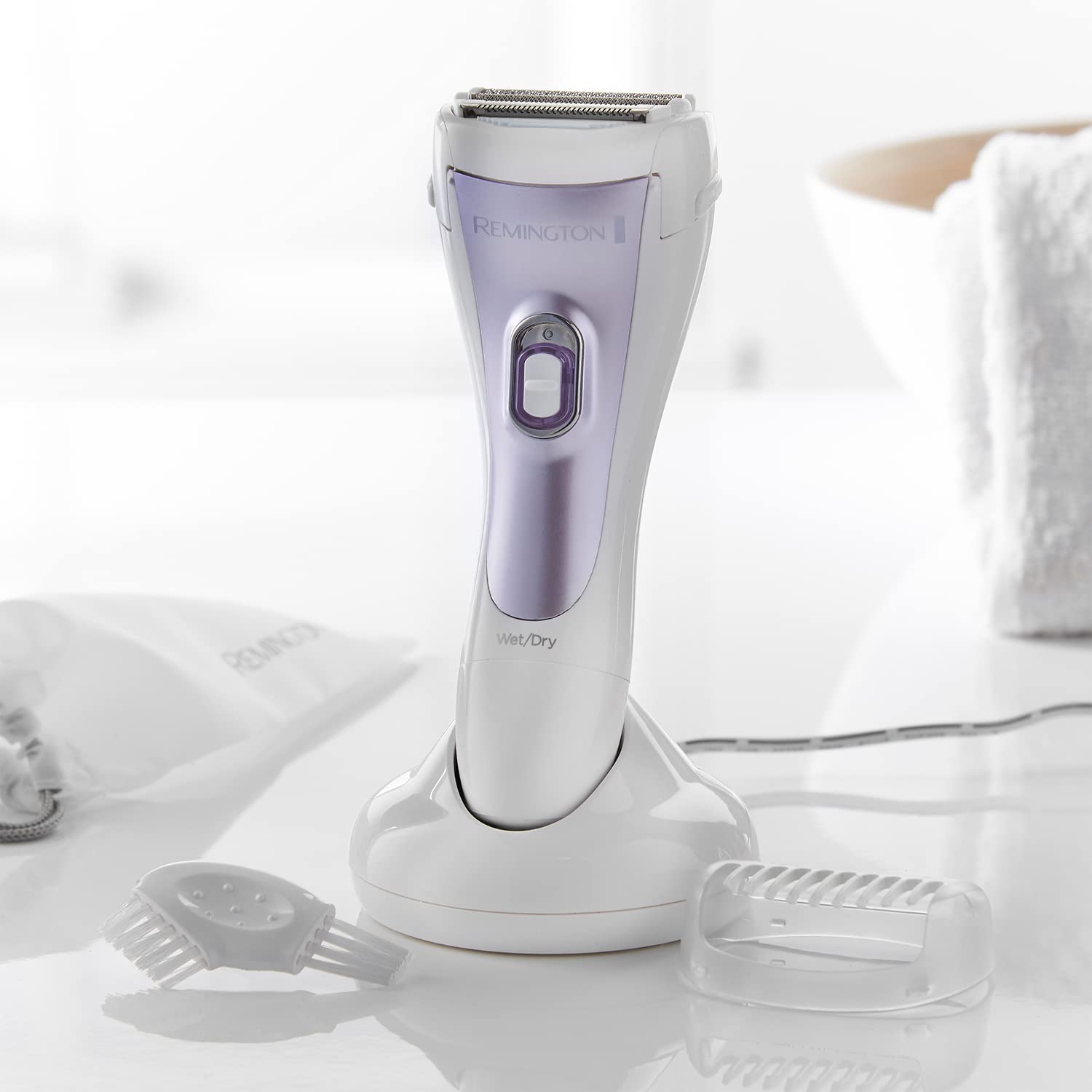 Remington Cordless Wet and Dry Lady Shaver, Showerproof Electric Razor with Bikini Attachment and Charge Stand, WDF4840, Purple