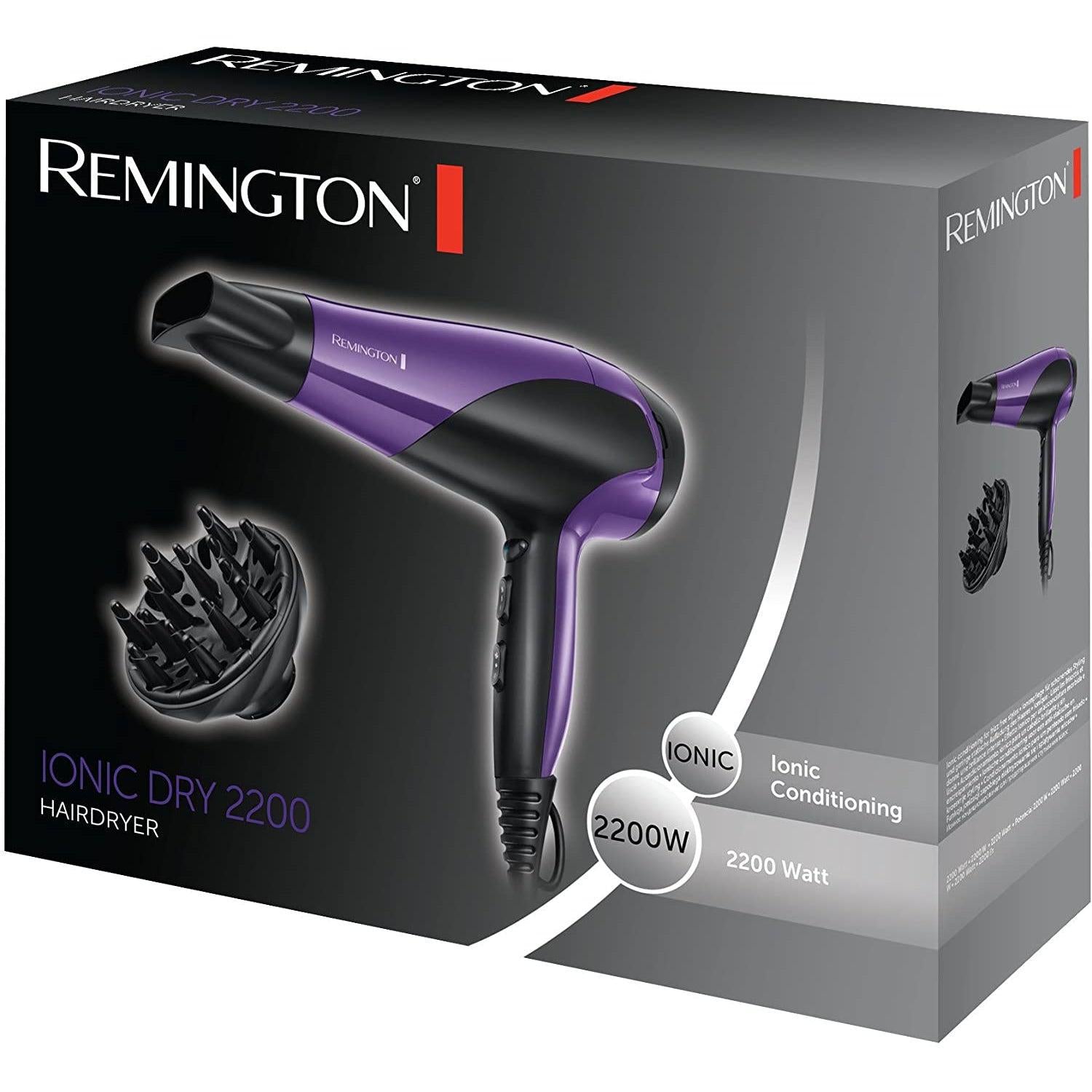 Remington D3190 Ionic Conditioning Hair Dryer for Frizz Free Styling with Diffuser and Concentrator Attachments, 2200 W - Healthxpress.ie