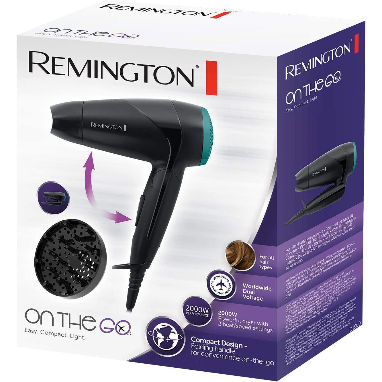 Remington Folding Travel Hairdryer with Mini Concentrator and Diffuser, Worldwide Voltage - D1500, Black - Healthxpress.ie