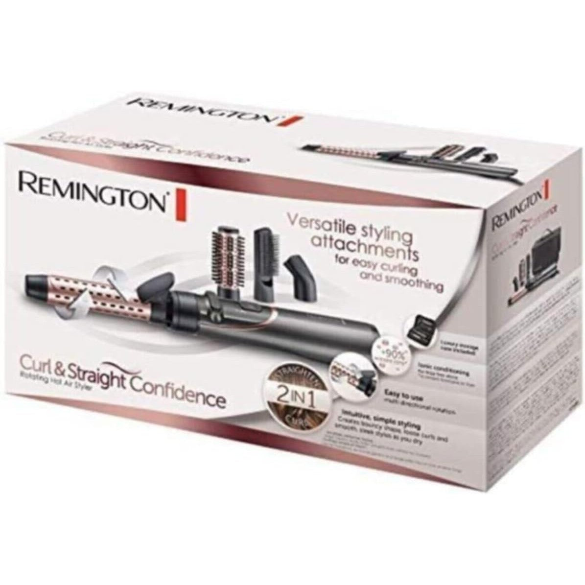 Remington Curl & Straight Confidence Rotating Hot Air Styler Hot Brush with 4 attachments - create curls, waves & straight styles, 30mm Tong, 40mm Round Brush, Paddle Brush & Pre-Styling nozzle AS8606