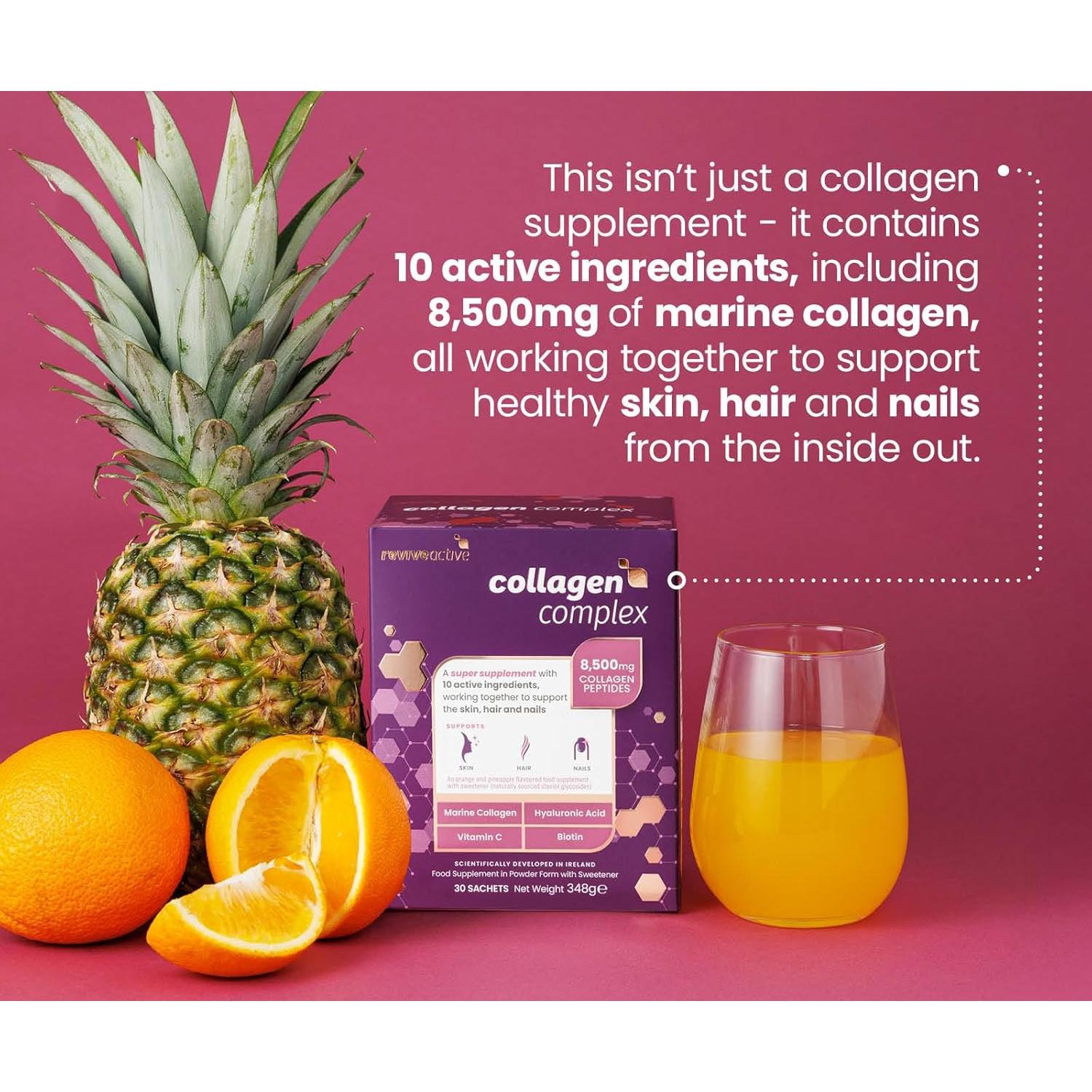 Revive Active Collagen Complex, 8,500mg Marine Collagen with Hyaluronic Acid, 5 Vitamins & 3 Minerals to Support Skin, Hair and Nails, 1 Daily Sachet, 30 Day Supply