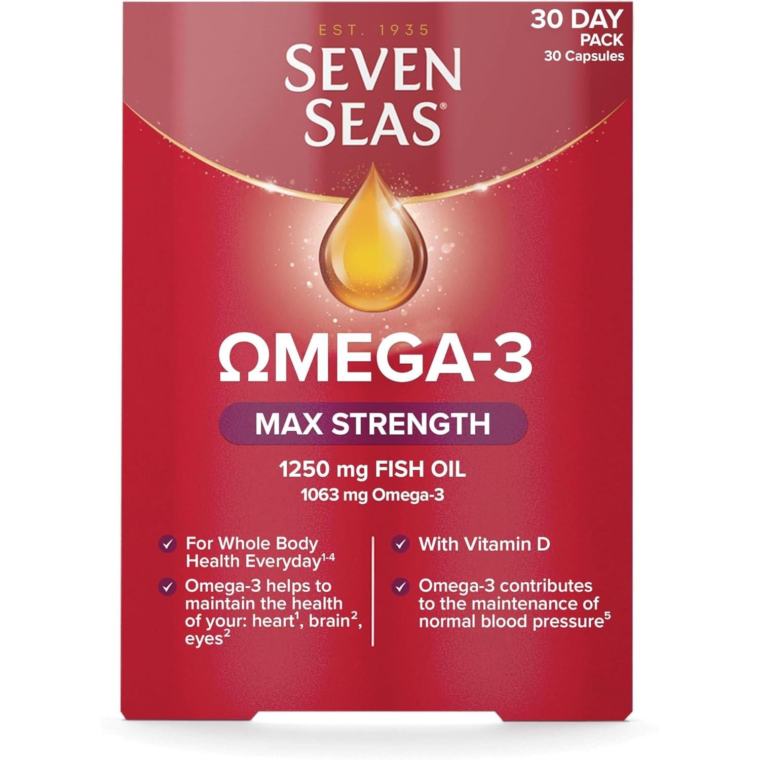 Seven Seas Omega-3 Fish Oil Max Strength, 1250 mg Fish Oil, 1063 mg Omega-3, 250 mg EPA & DHA & Vitamin D, 30 Capsules